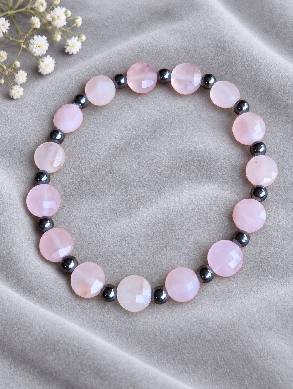 Rose Quartz & Hematite Beaded Stretch Bracelet | Handmade